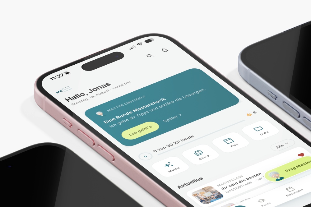 Die MasterClass-App auf einem iPhone: Begrüßung, Tagesziel und der Mastercheck